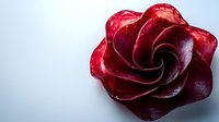 Elegant deep red rose crafted from beetroot, showcasing intricate spiral petals and natural food art technique against light background. Creative culinary presentation.