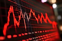 Red stock market chart showing financial data on digital display screen with dramatic lighting and blurred background for business and trading concept.