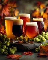 Assortment of craft beer glasses with different colored brews surrounded by fresh hops and autumn leaves on dark stone surface. Perfect for seasonal beverage menu.
