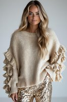 Young Caucasian woman with long blonde wavy hair wearing cream knit sweater with ruffled sleeves and gold sequin pants against light background. Fashion portrait.
