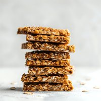 Stack of homemade granola bars with oats, nuts and honey on light background, close up view of healthy snack bars for breakfast or energy boost.