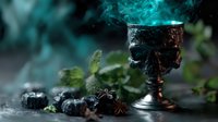 Mystical goblet with skull design emitting turquoise smoke surrounded by dark berries, mint leaves and star anise on textured surface. Atmospheric Halloween concept.