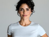 Young Mediterranean woman with dark curly hair wearing white t-shirt smiling confidently against light background. Natural makeup and casual style for lifestyle and fashion content.