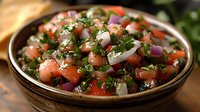Fresh pico de gallo with diced tomatoes, red onions, cilantro, and lime juice in rustic brown ceramic bowl, traditional Mexican appetizer garnish.
