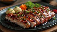 Juicy sliced pork belly with sweet and savory glaze garnished with green onions, served on black plate with vegetables. Asian cuisine preparation.