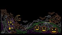 Halloween line art scene with haunted house, pumpkins, bats and moon on black background for seasonal decorations and party invitations.