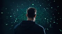 Man facing digital matrix pattern with glowing green code elements on dark background, symbolizing cybersecurity, artificial intelligence and digital transformation.