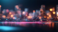 Abstract urban skyline reflected in water with glowing bokeh lights and neon waves creating futuristic cityscape atmosphere at night. Pink and blue color palette.