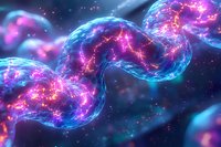 Glowing blue and pink neural network connections with electric impulses in deep space background showing synaptic activity and brain processes.