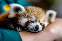 Sleeping red panda cub resting peacefully with closed eyes, showing adorable face and distinctive fur markings against turquoise background. Wildlife conservation concept.