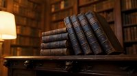 Antique leather-bound books stacked on wooden shelf in classic library with warm lamp lighting and bookshelves background. Perfect for education and literature themes.