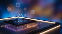 Modern tablet displaying cloud computing interface with holographic icons and glowing digital elements on futuristic tech background for business presentations.