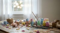 Easter egg painting supplies scattered on wooden table with colorful paints, brushes and decorated eggs in bright home interior for spring crafting.