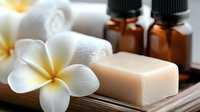 White frangipani flower with natural soap bar and essential oil bottles on wooden tray, spa wellness composition for aromatherapy and massage treatment.