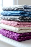 Stack of colorful woven cotton blankets with chevron pattern in blue, gray, pink, white and purple colors for home textile and interior design.