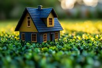 Yellow cottage with blue roof miniature model placed in green grass meadow with soft bokeh background, dreamy real estate concept for home ownership.