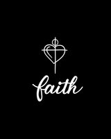 Minimalist white faith text with heart cross symbol on black background, religious typography design for spiritual and inspirational projects.
