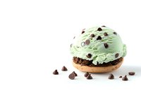 Mint chocolate chip ice cream sandwich on cookie base with scattered chocolate chips against white background, isolated dessert for menu and advertising.