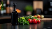 Dark glass bottle with fresh tomatoes and herbs on black kitchen counter, moody food photography with natural lighting and shallow depth of field.
