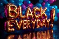 Golden foil balloons spelling Black Friday against colorful bokeh lights background for holiday shopping promotions and retail marketing campaigns.