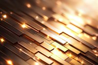 Abstract geometric background with golden metallic rectangular shapes arranged in layers with glowing light effects and reflective surface creating depth.