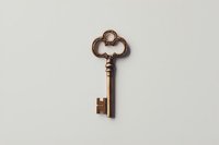 Vintage ornate bronze skeleton key with decorative bow design isolated on light gray background, perfect for antique and historical design projects.
