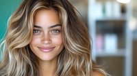 Young blonde woman with wavy hair smiling warmly at camera in modern indoor setting for lifestyle and beauty content.
