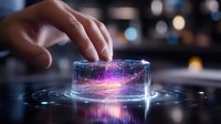 Glowing cosmic galaxy trapped in glass cylinder with hand reaching to touch, creating magical atmosphere against dark background with bokeh lights and reflections.