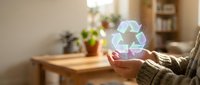 Hands holding glowing recycling symbol in modern home interior, representing sustainable living, environmental responsibility, and green energy solutions for eco-conscious households.