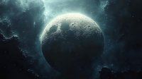 Dramatic moon view in dark space with glowing atmosphere and cosmic clouds, celestial body surface details visible against starry background.