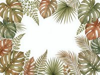 Tropical leaves frame with monstera, palm fronds and ferns in earthy tones creating decorative border on white background for wedding invitations and botanical designs.