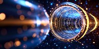 Glowing circular tunnel with sparkling light particles and bokeh effects in blue and gold colors creating futuristic space portal atmosphere.