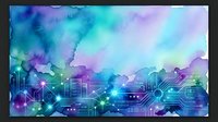 Futuristic smart city skyline with glowing neon lights and digital network connections overlaid on vibrant purple, blue, and cyan watercolor gradient background for tech and innovation designs.