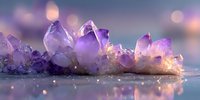 Purple amethyst crystal cluster with glowing light effects on reflective surface, creating magical atmosphere for spiritual and healing practices.
