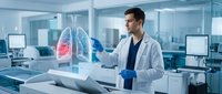 Male doctor examining holographic lung model with highlighted disease area in modern medical laboratory for respiratory health research and diagnosis.