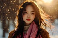 Young Asian woman with flowing dark hair in winter attire against golden sunset bokeh background, wearing pink scarf and brown coat, expressing serene confidence.