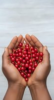 Hands holding fresh red currants arranged in heart shape against white wooden background, symbolizing healthy eating and natural nutrition.