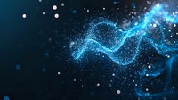 Glowing blue wave of particles and light streaks flowing across dark background, representing data flow, technology, digital transformation, and innovation for tech presentations.