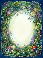 Enchanted forest frame with magical mushrooms, lanterns and fairy tale foliage creating mystical border for fantasy storytelling and children's book design.