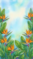 Watercolor tropical border with bird of paradise flowers and lush green leaves on a soft blue sky background, perfect for cards and posters.