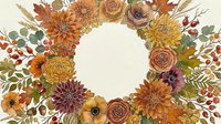 Autumn floral wreath with dahlias, chrysanthemums, and berries in warm orange, red, and gold tones, forming a circular frame on white background.