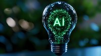 Glowing light bulb with green AI text and particles inside on dark background, symbolizing artificial intelligence innovation and technological breakthrough.