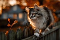 Fluffy long-haired cat walking on wooden fence at sunset with autumn leaves and house silhouette in background.