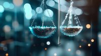 Glowing glass ornaments with sparkles hanging against blurred turquoise and orange bokeh background create magical festive atmosphere during holiday season.