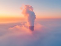 Industrial cooling tower emitting steam against pink and orange sunrise sky, rising above misty morning clouds creating dreamy atmospheric scene.