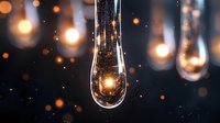 Glowing water drop with magical light bokeh effect suspended in dark space. Crystal clear liquid droplet reflecting warm golden illumination creates dreamy atmosphere.