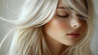 Young Caucasian woman with flowing blonde hair and natural makeup in soft lighting, eyes closed in serene expression for beauty and skincare advertising.
