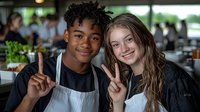 Young diverse restaurant workers in kitchen uniforms showing peace signs and smiling. Cheerful coworkers during break at casual dining establishment.