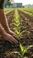 Farmer hands protecting young green seedlings growing in fertile soil rows on agricultural field during golden hour sunrise for sustainable farming.
