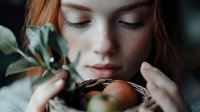 Young woman with red hair and freckles holding fresh apples in woven basket, eyes closed in peaceful expression against dark moody background with green leaves.